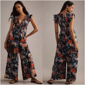 Anthropologie Floral Eyelet Ultra Wide Leg Jumpsuit Medium Resort Cottage Core